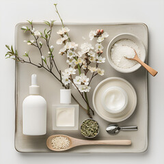 Beauty products and natural elements on a minimalistic tray 