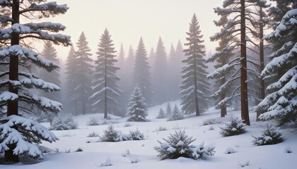 Naklejka premium Winter Wonderland: Snow-covered pine trees stand tall in a misty forest, sunlight filtering through the branches, creating a serene and magical winter scene. 