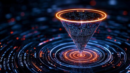 A vibrant, digital vortex of blue and orange light spirals into a conical shape, creating a captivating effect against a dark backdrop.