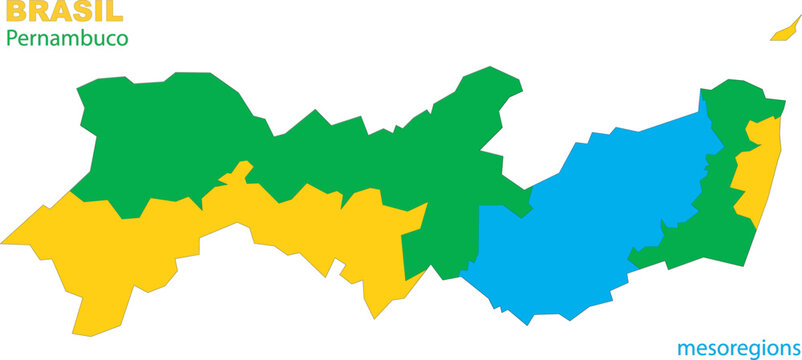 Map of the territory of the state of Pernambuco with divisions by highlighted mesoregions, vector with simple lines of political divisions