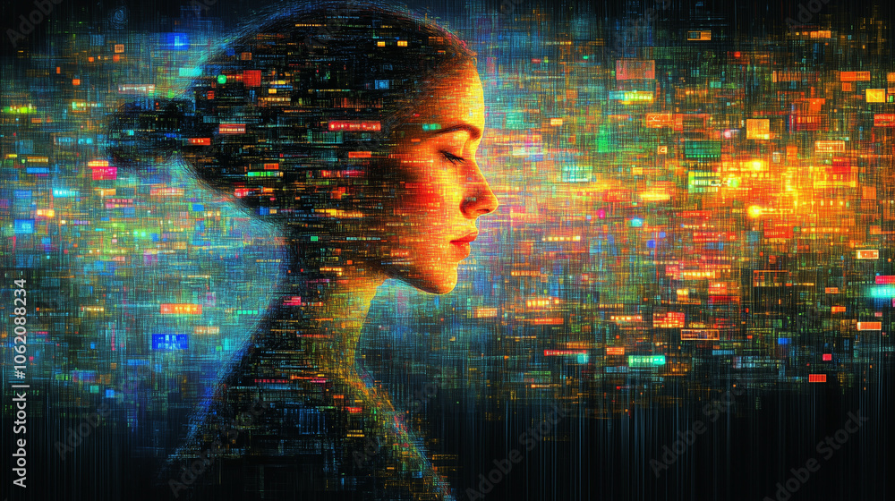 Poster digital serene: a woman's ethereal profile emerges from a mesmerizing tapestry of digital code, evok