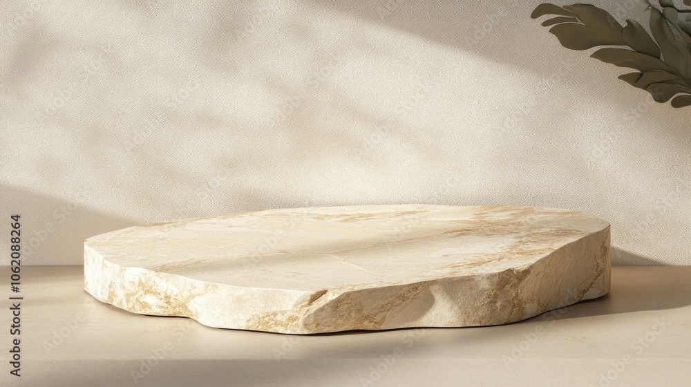 Poster elegant stone display podium on a beige surface with leaf shadow, designed for product placement wit