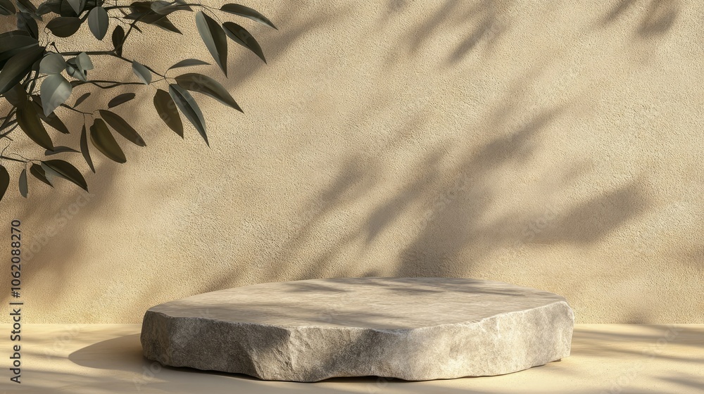 Poster elegant stone display podium on a beige surface with leaf shadow, designed for product placement wit