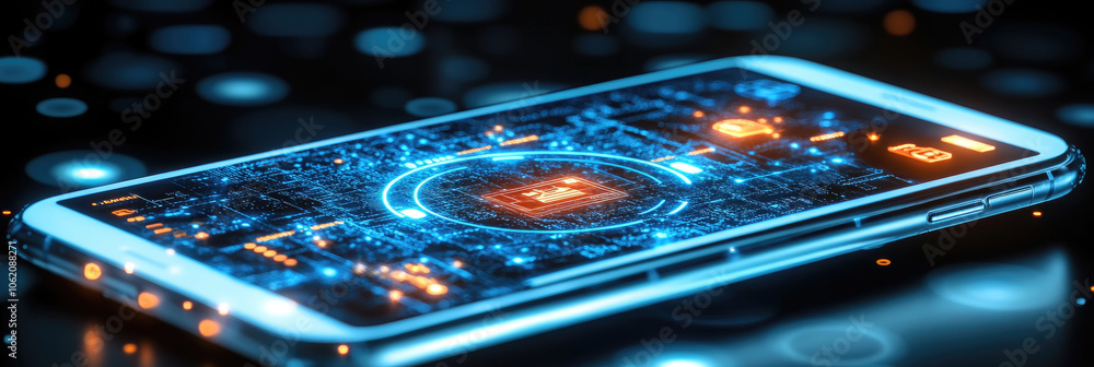 Poster a smartphone lies on a surface, featuring a glowing holographic interface that showcases complex cir