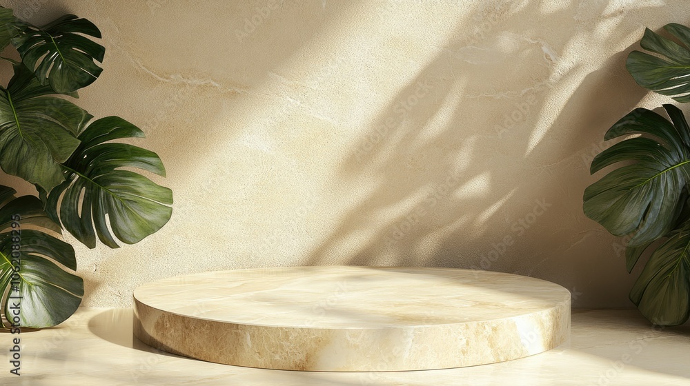 Poster elegant stone display podium on a beige surface with leaf shadow, designed for product placement wit