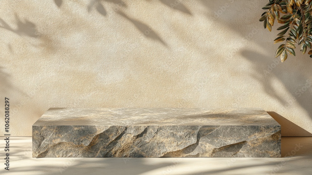 Poster elegant stone display podium on a beige surface with leaf shadow, designed for product placement wit