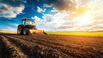 Naklejka premium Farmer Preparing Soil in Paddy Field with Tractor