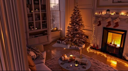 Cozy Living Room Decorated for the Holidays With a Christmas Tree and Glowing Fireplace Lights