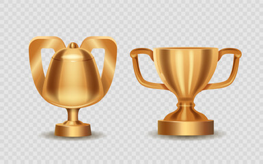 Two Golden Trophies Representing Excellence And Achievement Isolated On Transparent Background, Realistic 3d Vector