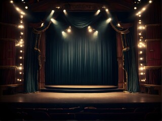 An empty theater stage with elegant red curtains and stairs