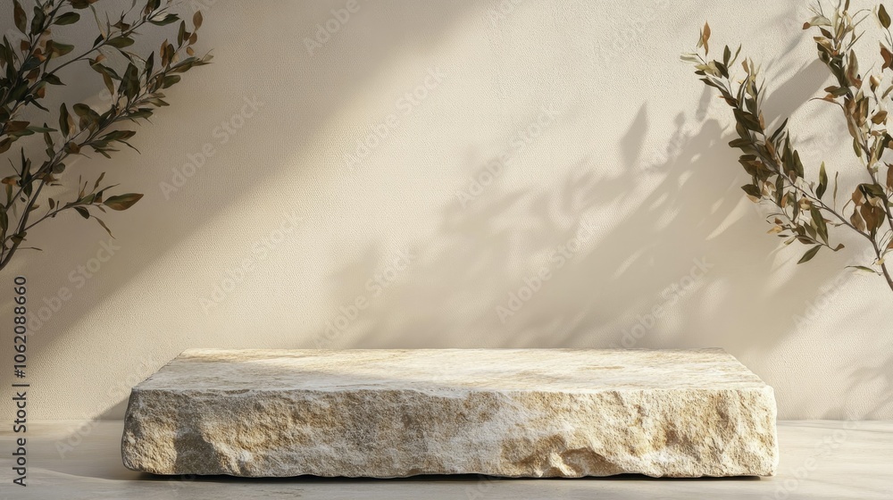 Poster elegant stone podium in a minimalist setup with beige background and subtle leaf shadow, for product