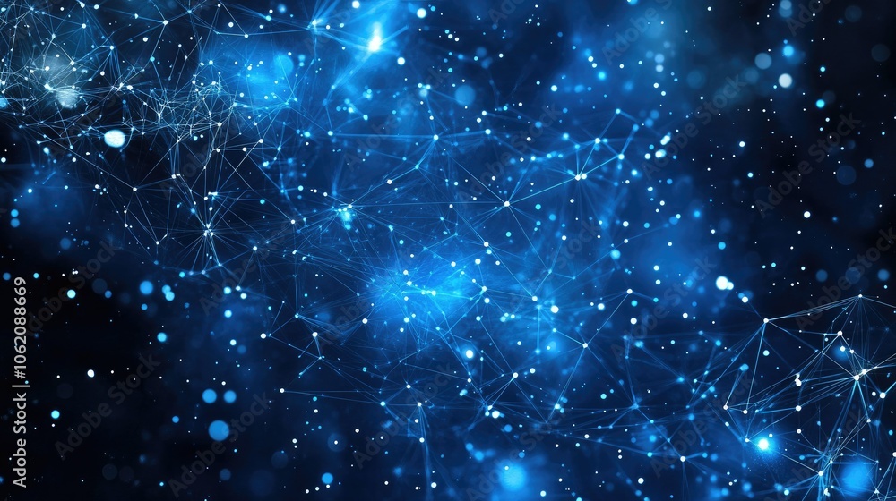 Poster Abstract plexus waves on dark blue, futuristic tech template for science presentation