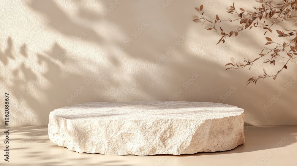 Poster elegant stone podium in a minimalist setup with beige background and subtle leaf shadow, for product