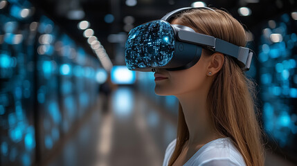 Woman in VR headset exploring the digital world: A young woman experiences immersive technology, her face illuminated by the virtual reality headset, with the glow of a server room behind her.