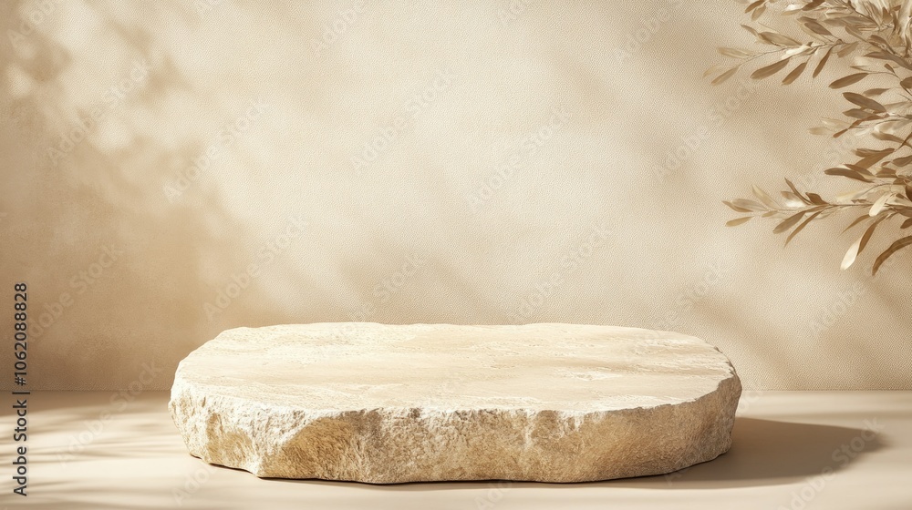 Poster elegant stone podium in a minimalist setup with beige background and subtle leaf shadow, for product