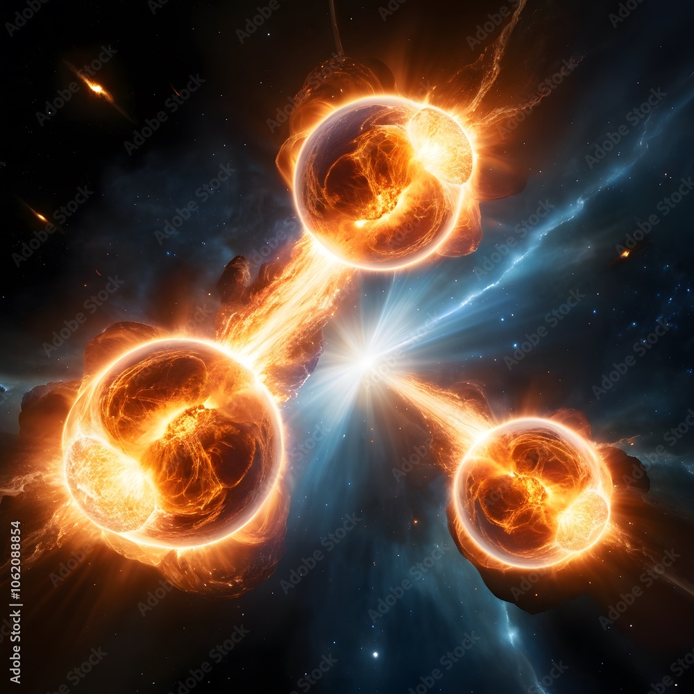 Aufkleber Dynamic Collision of Two Large Glowing Objects in a Cosmic Explosion Creating Vibrant Bursts of Light for Use in Sci-Fi Artwork and Design Projects