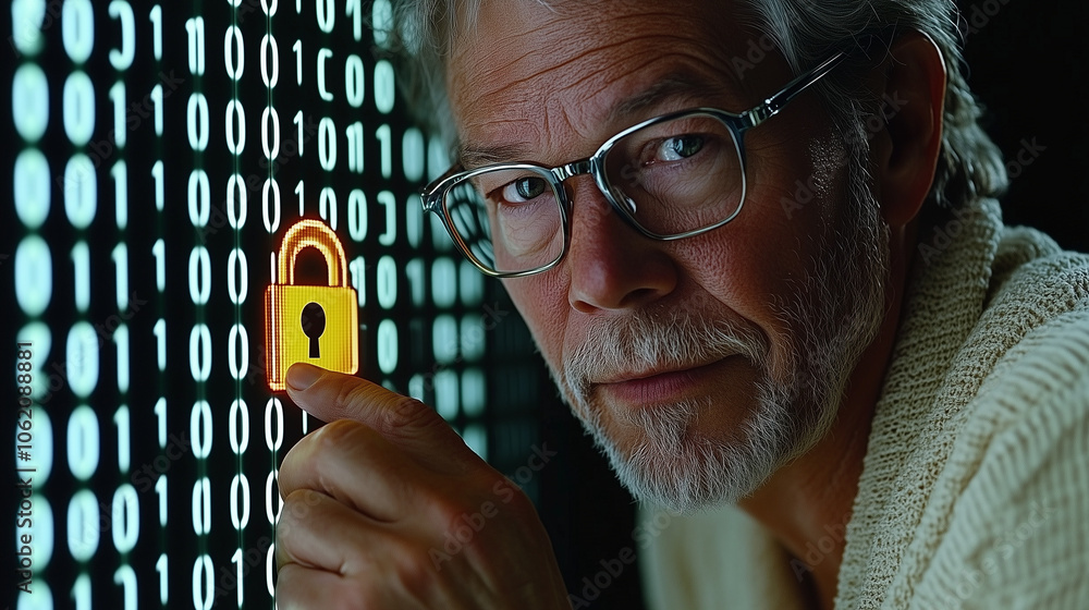 Poster cybersecurity expert: a seasoned professional, with a determined gaze, holds a padlock symbol agains