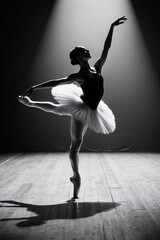 Black and white photo of a graceful ballerina performing under a spotlight, casting a shadow on the wooden stage, showcasing poise and elegance.
