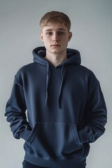 Fototapeta premium A 4K professional studio photo of a young man with short light brown hair, wearing a plain navy blue hoodie.The man is standing in a neutral pose ,generative ai
