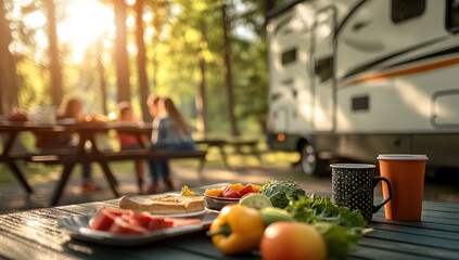 the family is cooking dinner at campfire stove on the picnic table in the national park