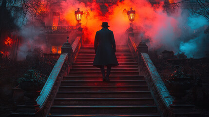 Fototapeta premium A solitary man walks up the steps of a historic mansion, surrounded by swirling fog and glowing red and orange hues at dusk