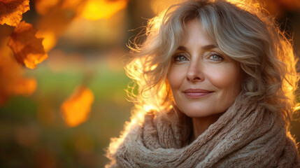 Fototapeta premium A woman wrapped in a cozy scarf smiles gently, illuminated by soft sunlight filtering through vibrant autumn foliage in a tranquil setting