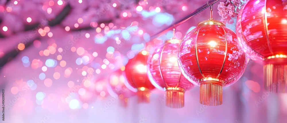 Poster a row of red lanterns hanging from a tree