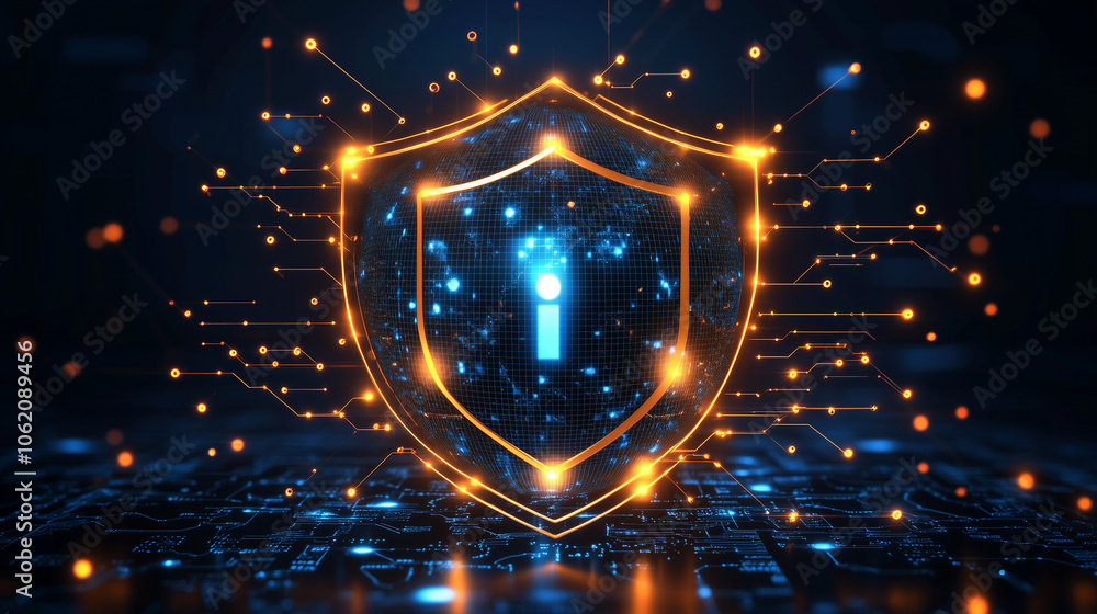 Poster cybersecurity shield: a glowing, digital shield with a keyhole symbolizes data protection and online