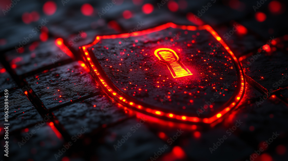 Poster cybersecurity shield: a glowing red keyhole embedded in a dark, metallic shield, symbolizing impenet