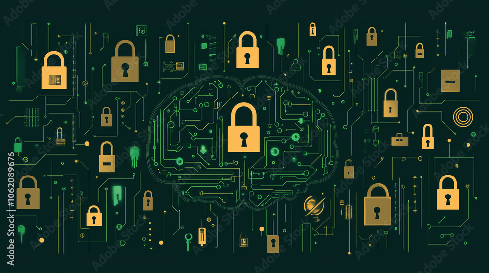 Poster cybersecurity brain: a digital brain protected by numerous padlocks, symbolizing the intricate layer