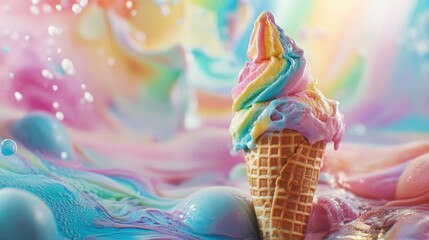 Brightly colored rainbow ice cream in waffle cone, melting for summer vibes