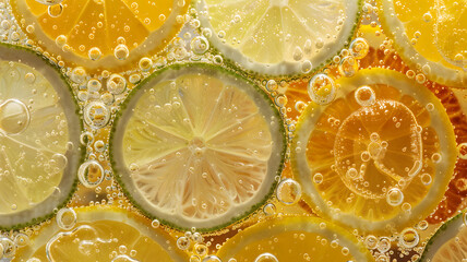 Close-ups of Lemon and Lime Slices Splashing and Dropping into Sparkling Fizzy Water, Refreshing Citrus Burst on Dark Background Ads, Social Media, Packaging, Banners, Websites, Menus