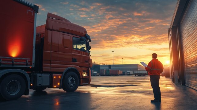 Truck Driver Inspects Freight in Morning Light