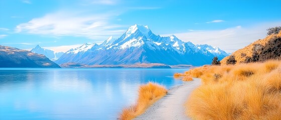 A mountain range is in the background of a lake