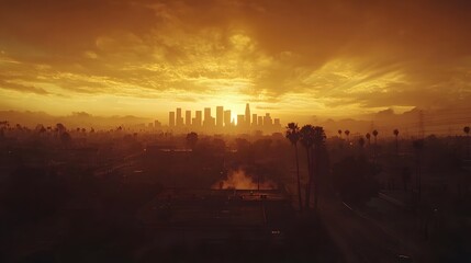 Sunset casting a golden glow over a city skyline with silhouettes of palm trees.