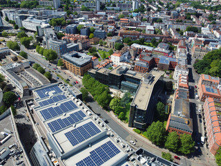Aerial View of Buildings at Central Bristol City of Southwest of England, United Kingdom. The High Angle Footage Was Captured with Drone's Camera from High Altitude on May 27th, 2024.