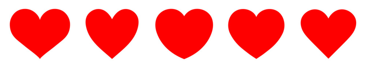 Set of five red hearts vector icon set isolated. Heart icons. Red hearts sign symbol, love sign, heartbeat silhouette, heart pictograms isolated set. Vector illustration.