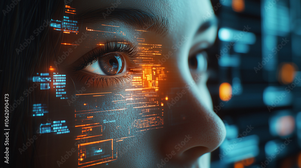 Fototapete cybernetic vision: close-up of a woman's eye with futuristic digital data overlay, showcasing techno