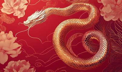 Obraz premium Creative Abstract Marketing Background Featuring a Red Base with a Golden Snake Design, Embodying the Festive Spirit of the Chinese New Year. This Elegant and Detailed Gold Foil Relief Pattern Represe