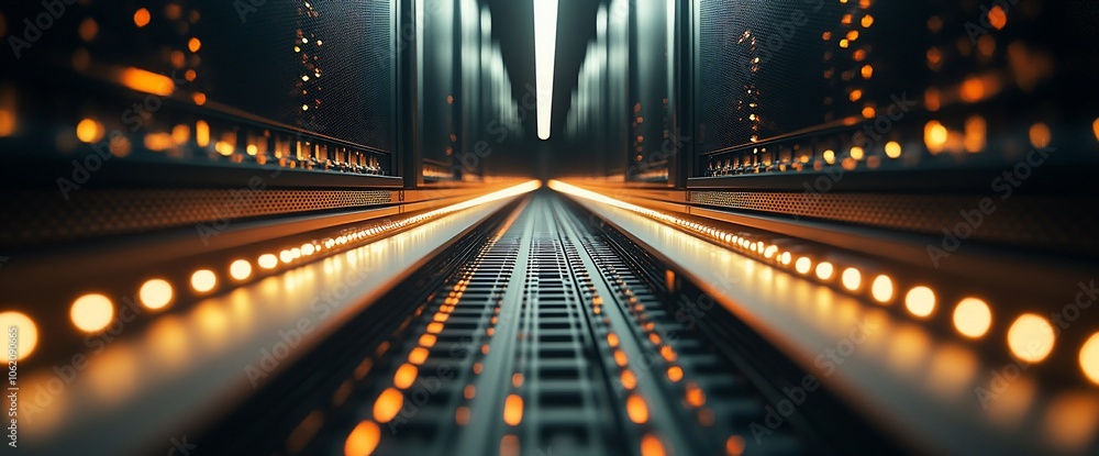 Poster a long hallway with rows of server racks lit by orange leds.
