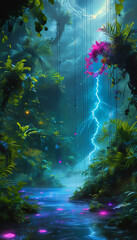 Fototapeta premium Galactic Jungle Oasis Product Weed Display Podium: black carbon fibre podium, lush alien jungle, cannabis plants, neon hues of blue and purple, stormy sky, electric-blue lightning, psychedelic