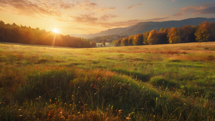 Beautiful sunrise in the mountain. Meadow landscape refreshment with sunray and golden bokeh.