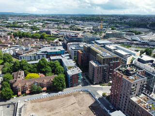 Fototapeta premium Aerial View of Buildings at Central Bristol City of Southwest of England, United Kingdom. The High Angle Footage Was Captured with Drone's Camera from High Altitude on May 27th, 2024.