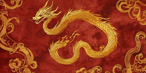 Fototapeta premium Creative Abstract Marketing Background Featuring a Red Base with a Golden Snake Design, Embodying the Festive Spirit of the Chinese New Year. This Elegant and Detailed Gold Foil Relief Pattern Represe
