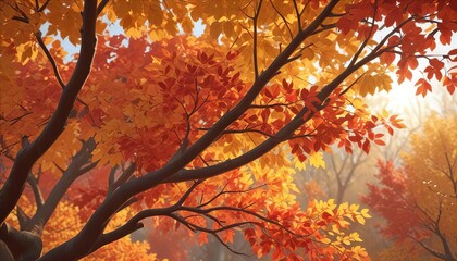 Autumn Canopy:  A mesmerizing view of autumn leaves in vibrant hues of red, orange, and yellow, with sunlight filtering through the branches, creating a stunning display of nature's artistry.  
