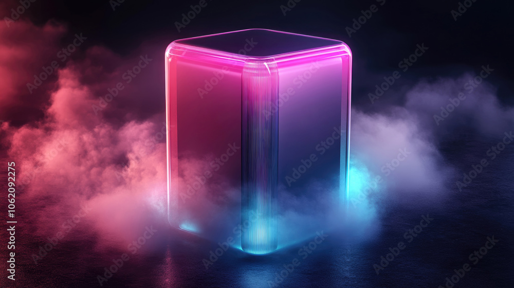 Poster a glowing cube surrounded by colorful mist creates an atmospheric display of light and color in a da