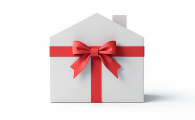 the model of the house is tied with a red ribbon with a bow on a white background