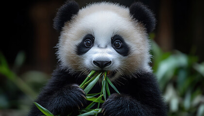 Fototapeta premium Panda munching on bamboo, wideeyed and adorable closeup