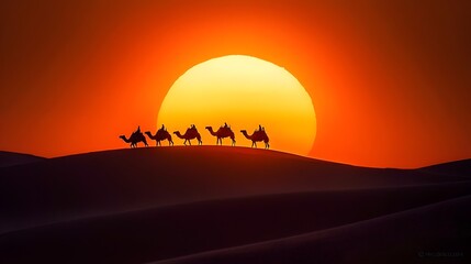 Fototapeta premium Camel Caravan at Sunset in the Sahara Desert