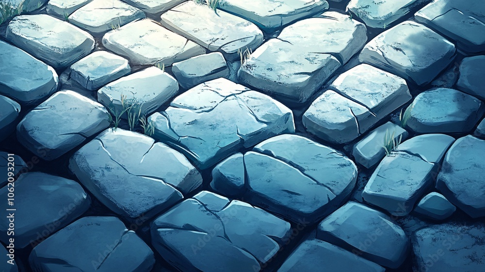 Aufkleber a textured, light blue cobblestone surface with varying sized stones, creating a rustic and serene a